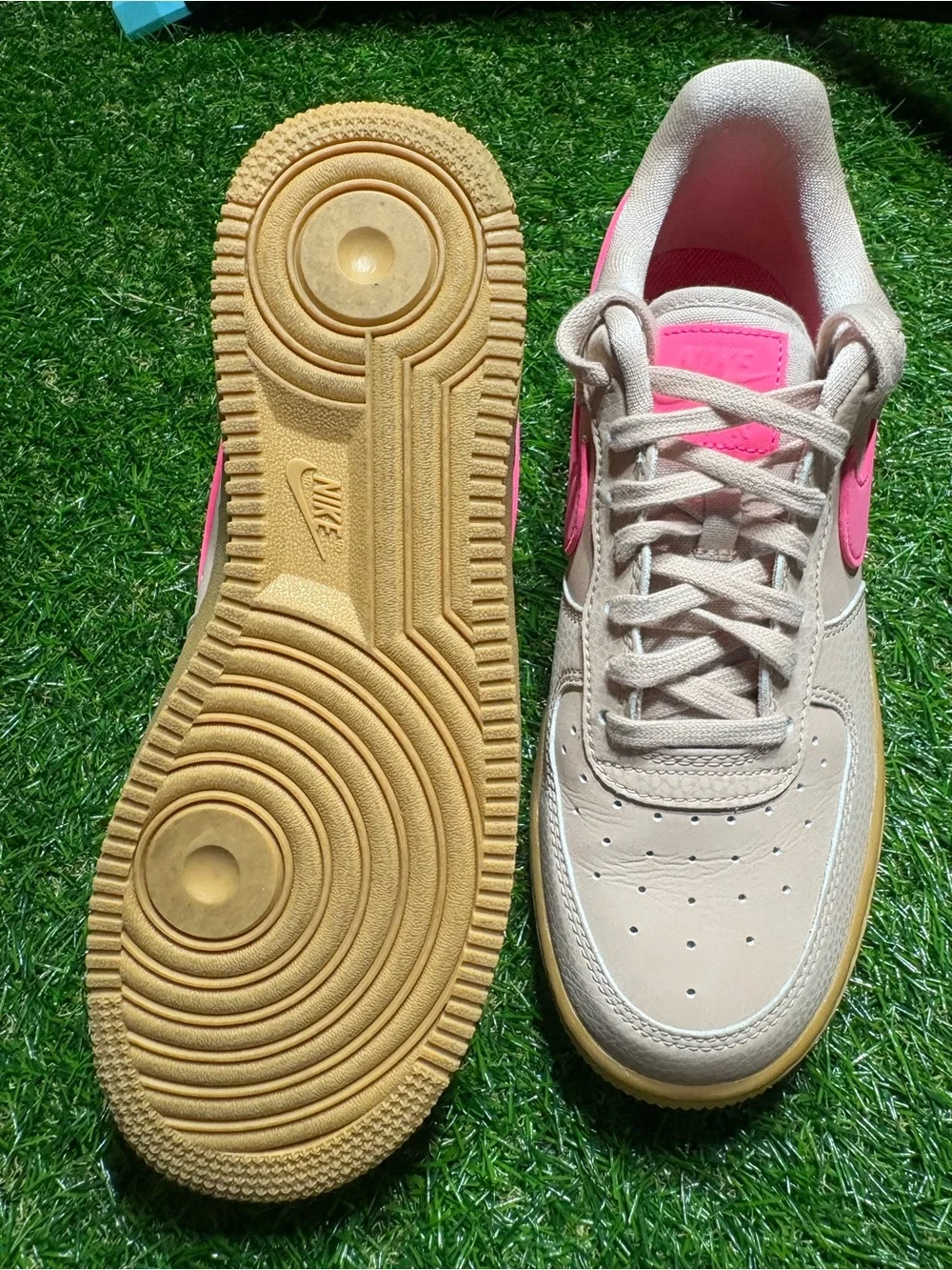 Nike Women's grayishTan Sneakers with Pink Swoosh women’s 8.5
